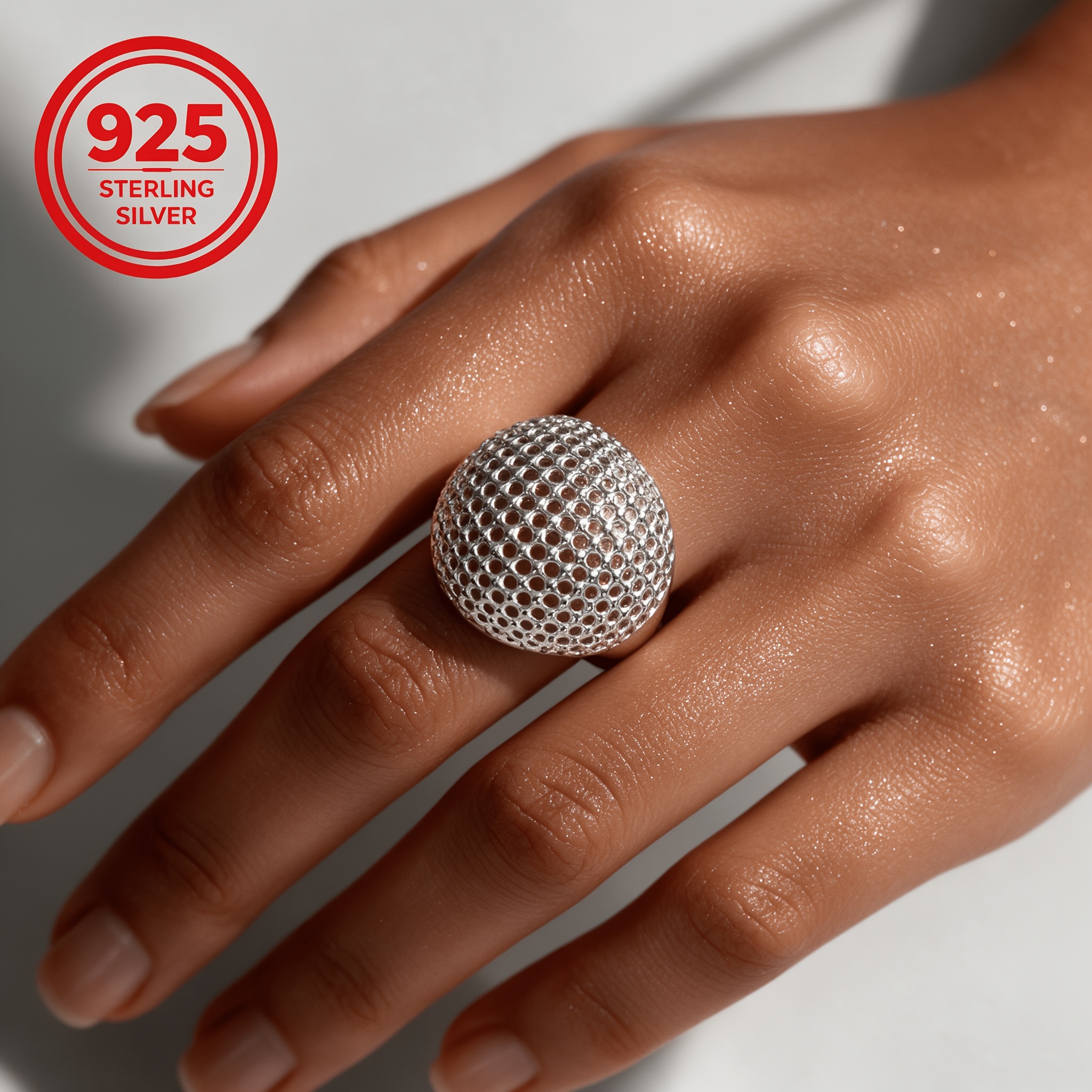 925 Silver Low-Allergy Adjustable Bead Hollow Ring